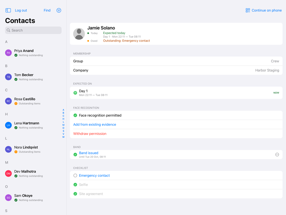The badging desk on an iPad. A contact list of placeholder names, each marked Nothing outstanding or Outstanding items, sits beside one person, Jamie Solano: expected today, an emergency contact still outstanding, face recognition permitted, a band issued, and a checklist with a selfie and a site agreement done.