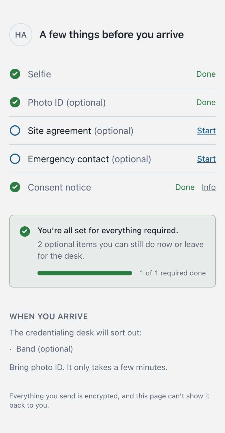 The enrollment page on a phone, headed A few things before you arrive. Selfie, Photo ID and Consent notice are marked done, Site agreement and Emergency contact each have a Start link, and a note says everything required is done, with two optional items left for now or for the desk.