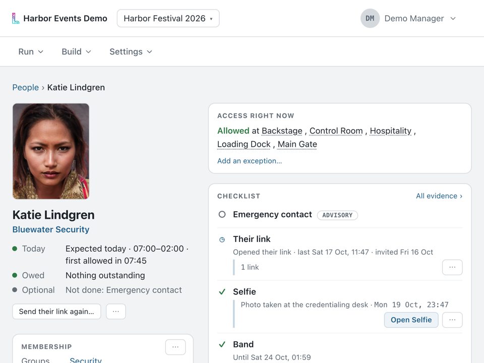 A person’s page in the console for Katie Lindgren, with her photo on file, the five zones she is allowed at right now, and nothing owed. Her checklist shows an emergency contact as advisory, her link opened, a selfie taken at the credentialing desk and a band that works until a set date.