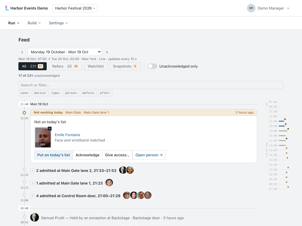 The Feed in the console. At the top, a referral at the main gate for someone not on today&rsquo;s list, with their photo on file and the choices Put on today&rsquo;s list, Acknowledge, Give access and Open person. Below it, the people admitted at each door, with their faces.