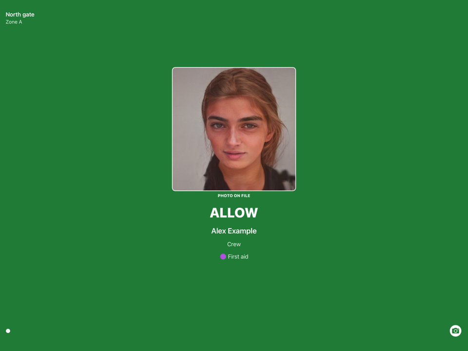 The gate screen on an iPad, all green: Allow, with the name Alex Example under their photo on file.