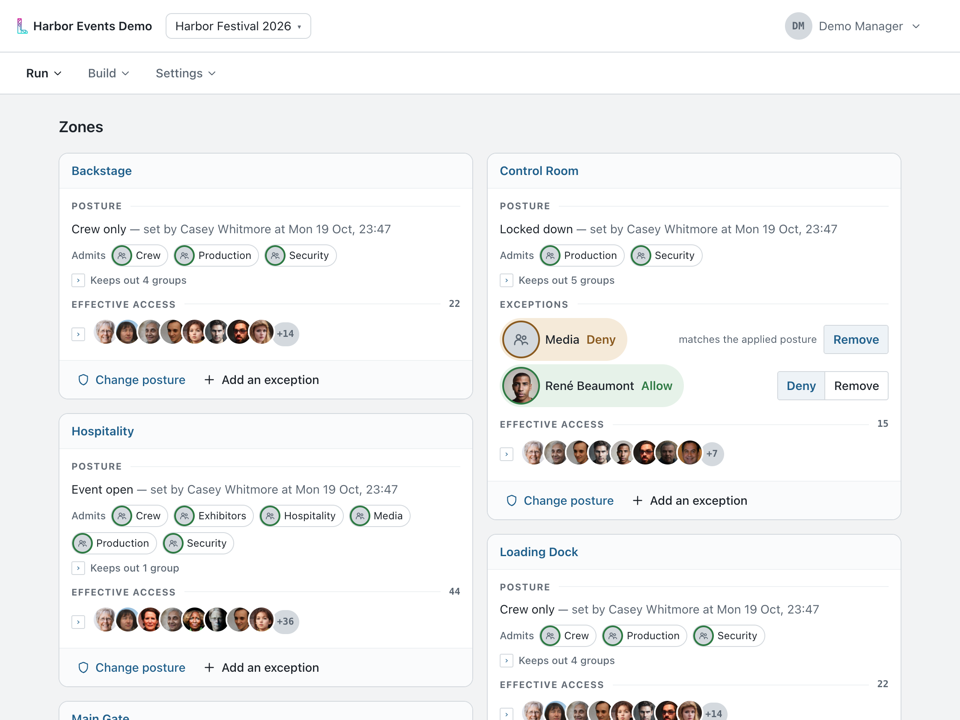 The Zones page in the console. Each zone has a card showing its posture, such as Crew only or Locked down, the groups it admits, any exception for a group or a person, and the faces of the people it lets in.